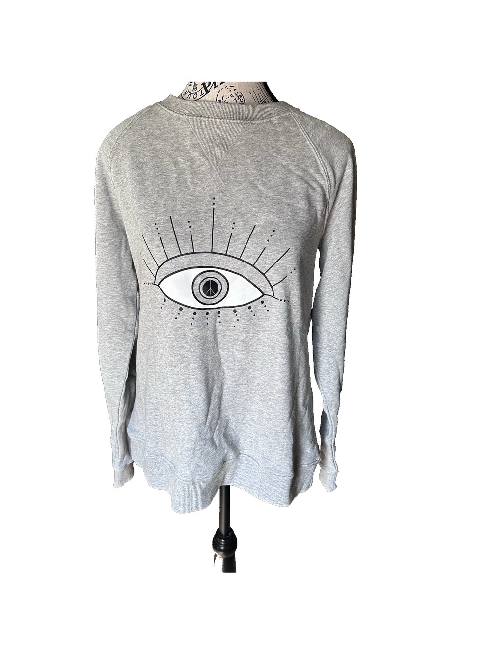 NEW Rebecca Minkoff Women’s Eye Graphic Pullover Sweater Gray Small Cozy Chic